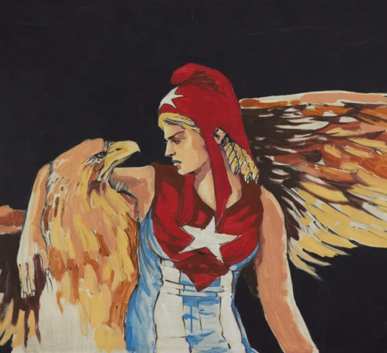 A painting of a woman with an eagle on her shoulder.