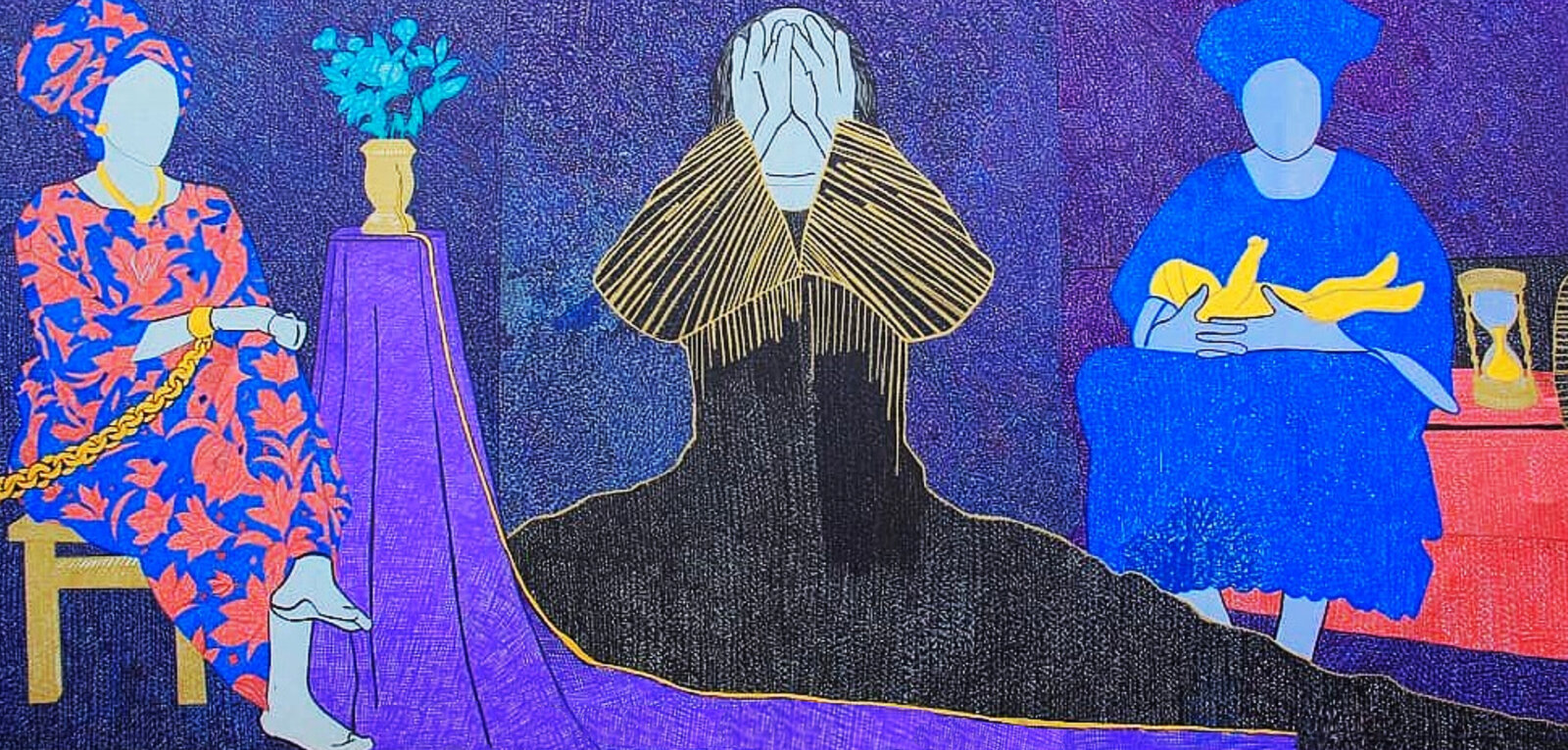 A stylized composition of three figures in a richly colored, textured interior.