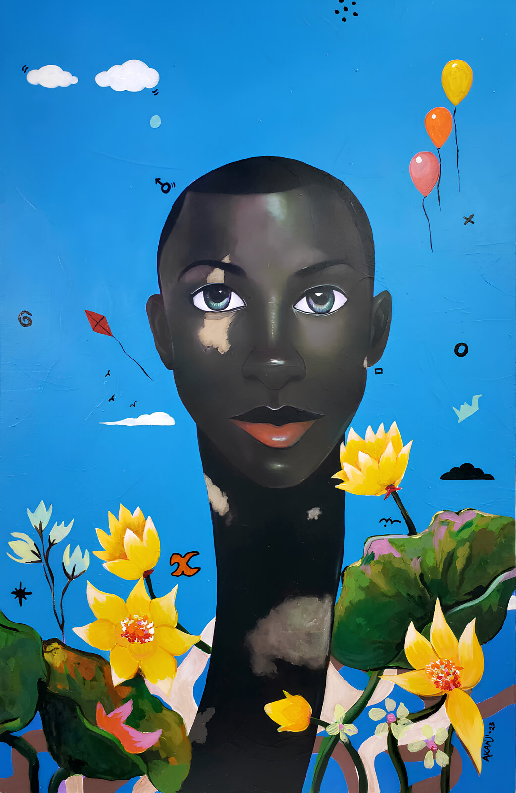 A portrait of a person with dark skin and blue eyes surrounded by lotus flowers against a bright blue sky.