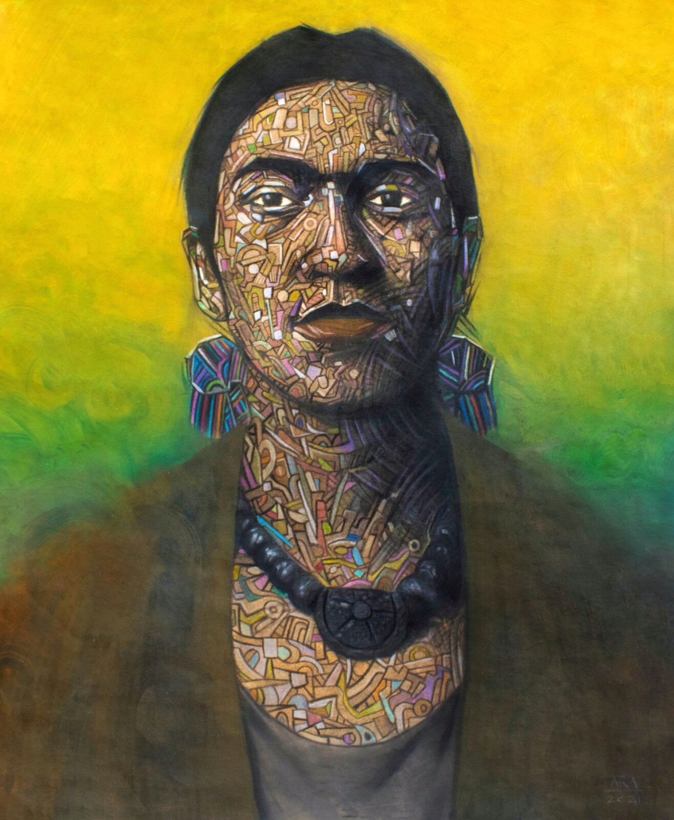 A portrait of a figure with a face composed of intricate geometric patterns against a vibrant yellow-green background.