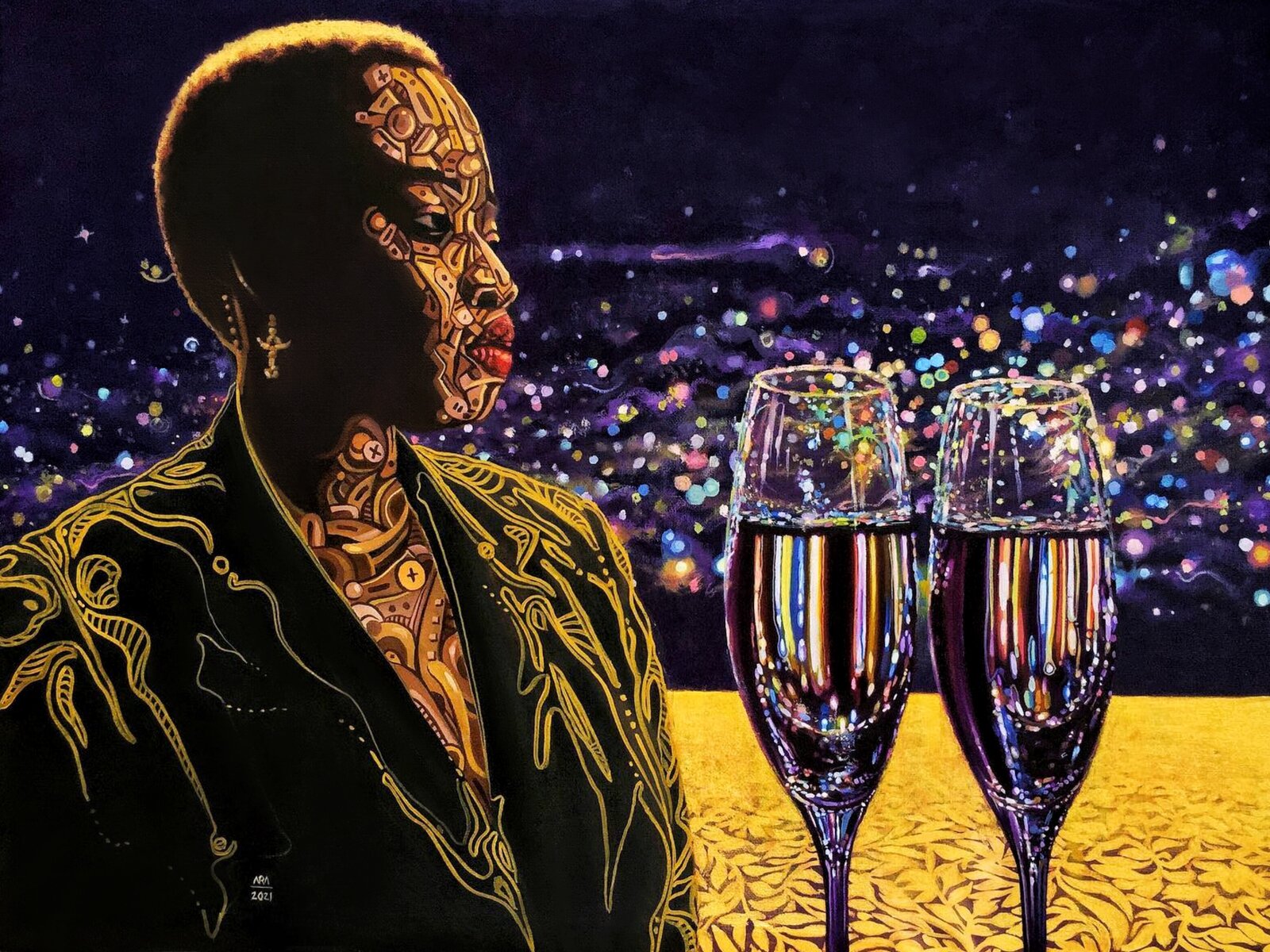 A portrait of a figure with ornate golden patterns against a vibrant, starry background featuring two champagne flutes.
