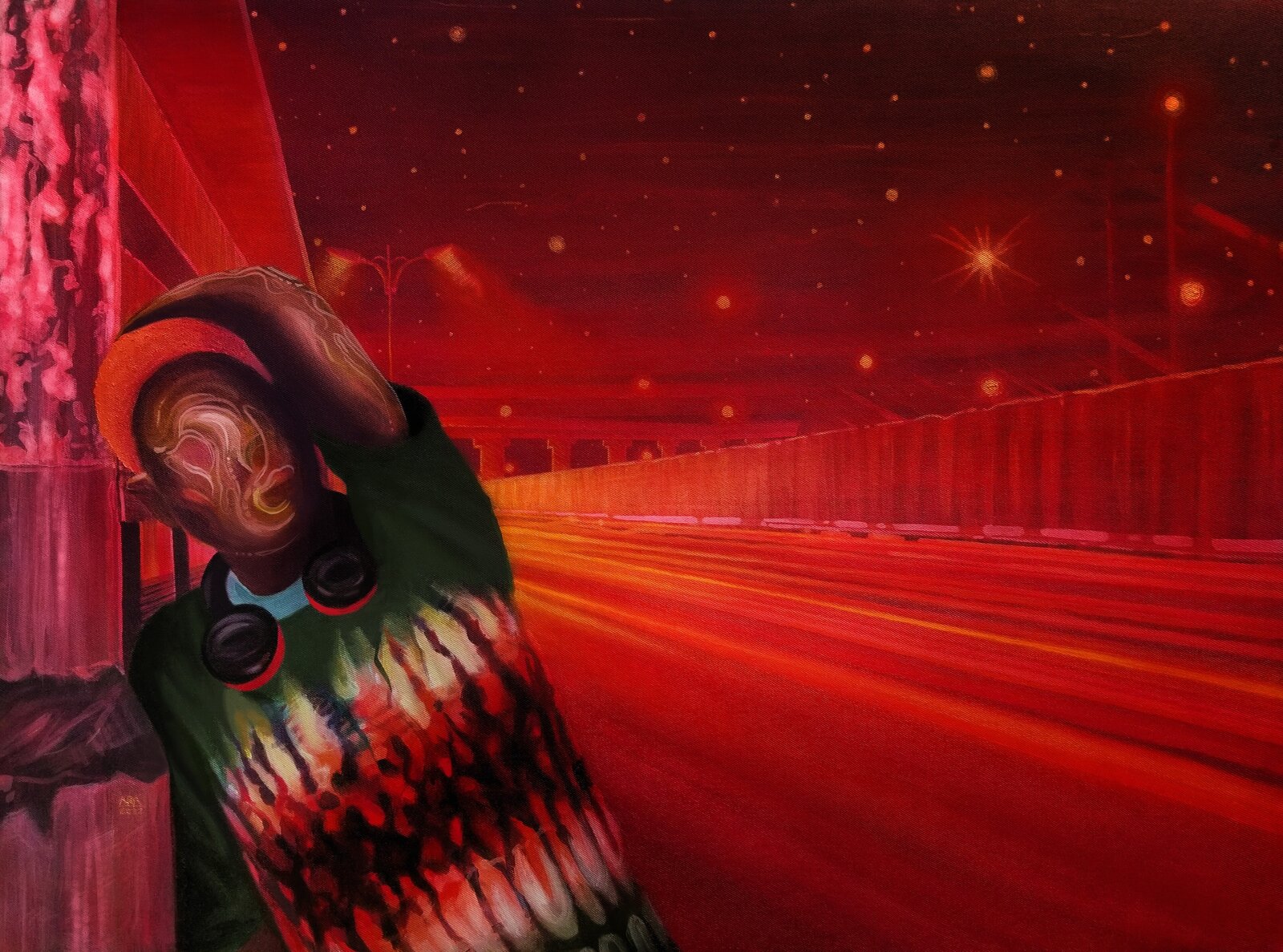 "A figure in a tie-dye shirt leans against a wall under a red, starry sky."