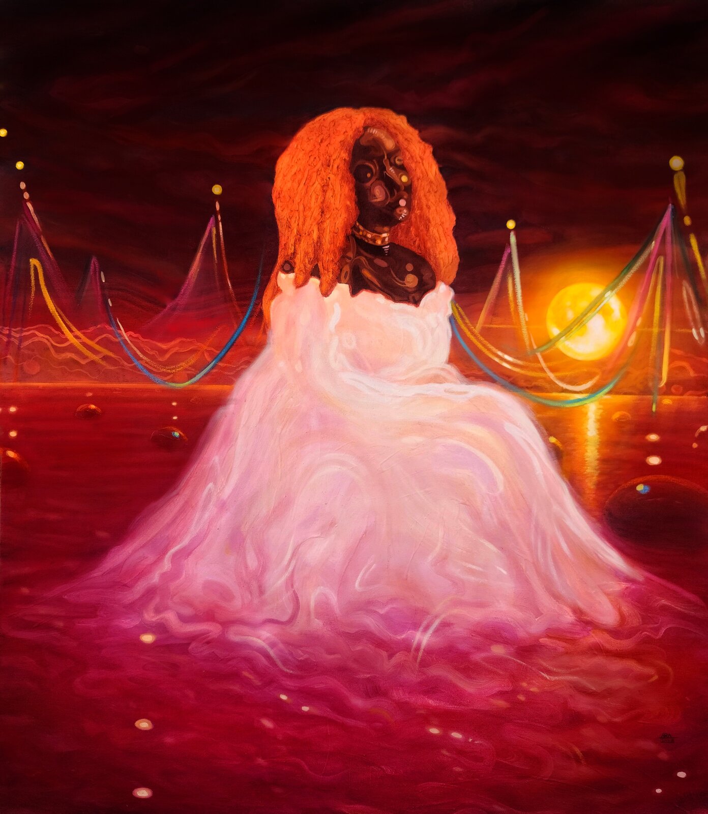 A surreal figure with a mask-like face and voluminous hair sits in a glowing, dreamlike landscape.