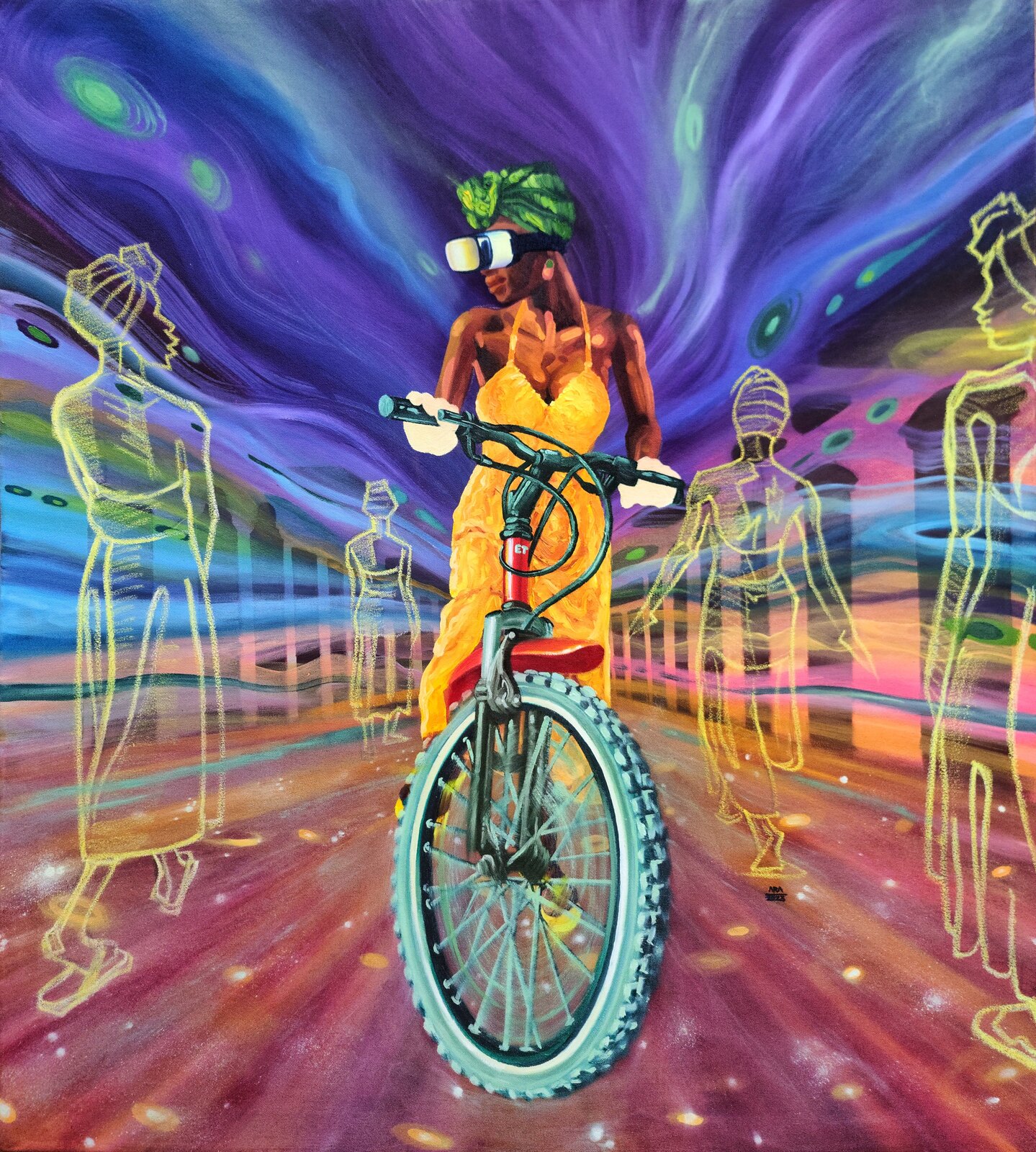 A futuristic figure on a bicycle rides through a swirling, neon-lit dreamscape.
