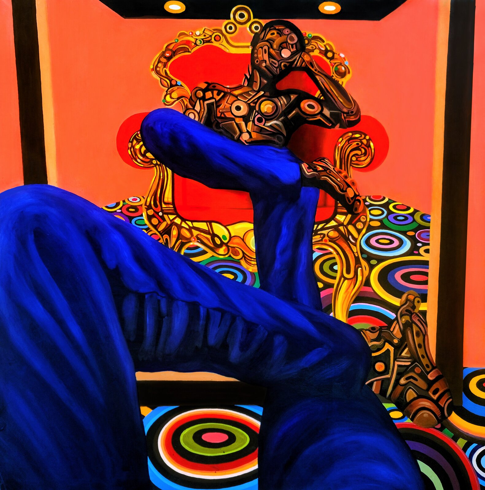A surreal painting of a figure in blue fabric seated on an ornate, mechanical throne.