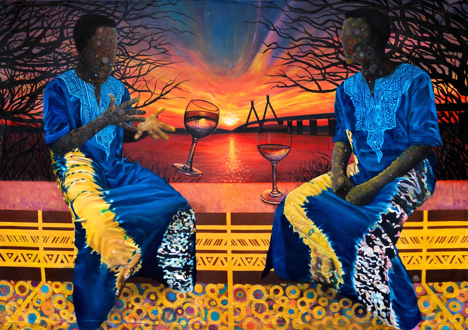 A vibrant painting of two figures in blue robes seated on a bench, facing each other with wine glasses between them against a sunset backdrop.