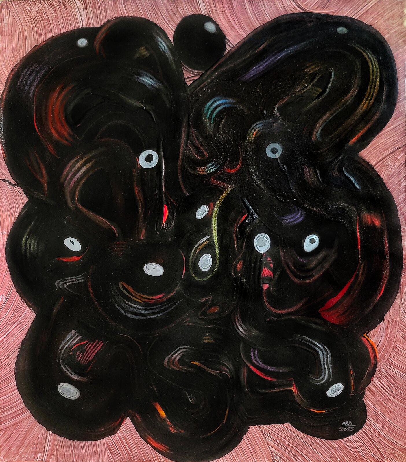 A swirling black mass with glowing eyes against a textured pink background.