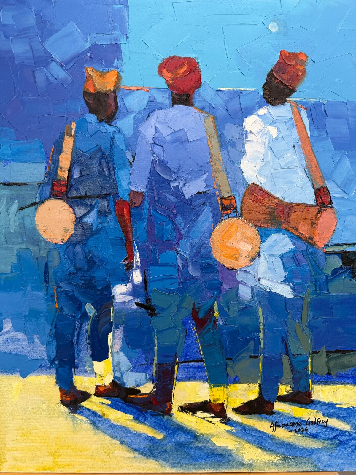 A vibrant painting of three figures seen from behind, walking away while carrying drums.