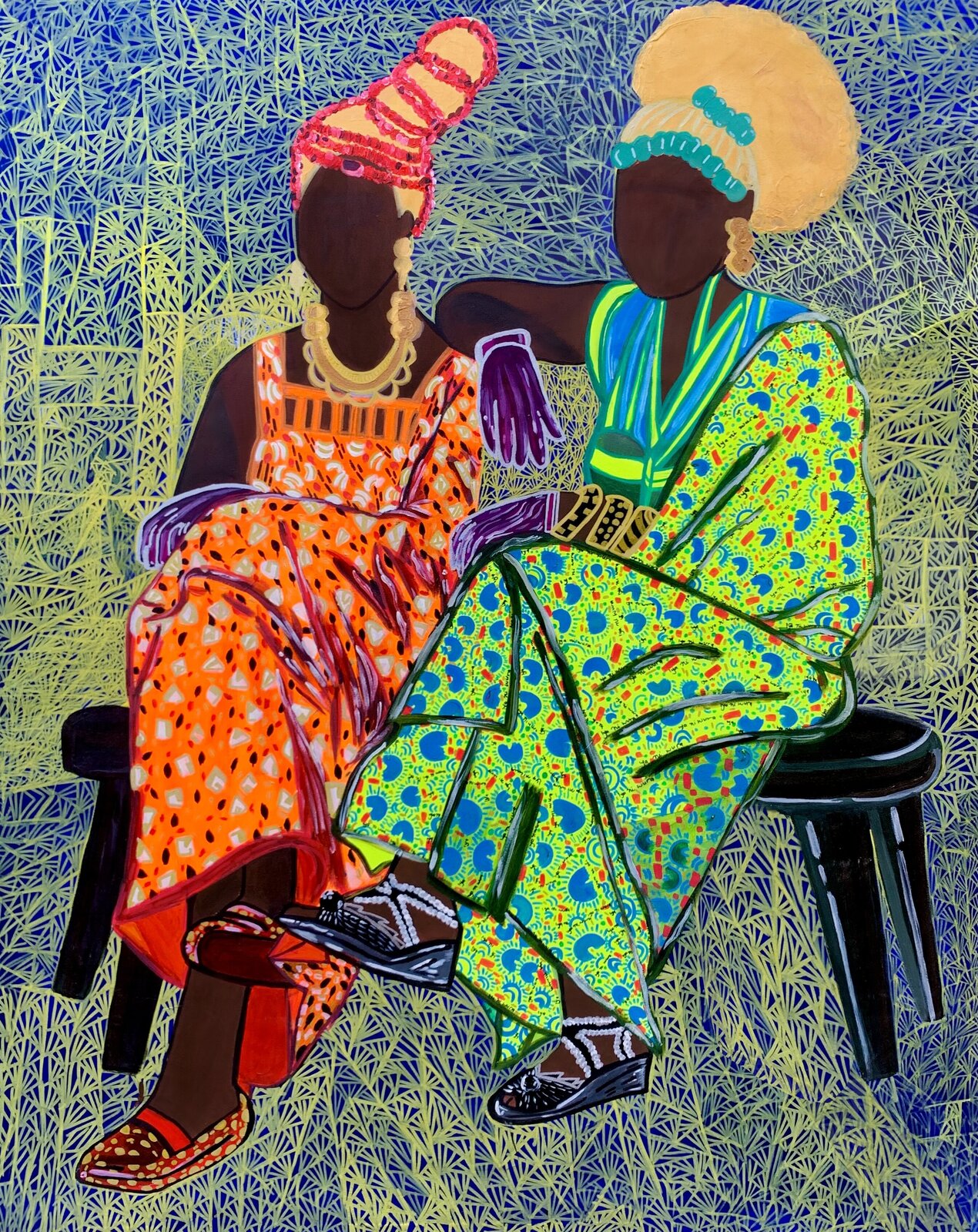 A vibrant painting of two figures in colorful patterns seated against a geometric background.