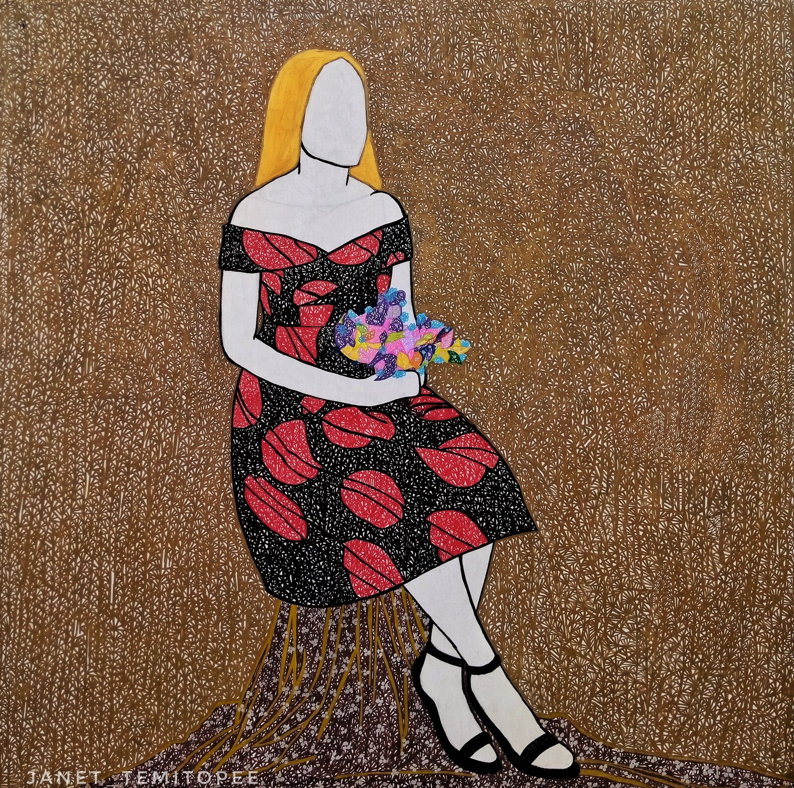 A stylized figure with a blank face sits holding a colorful bouquet against a textured brown background.