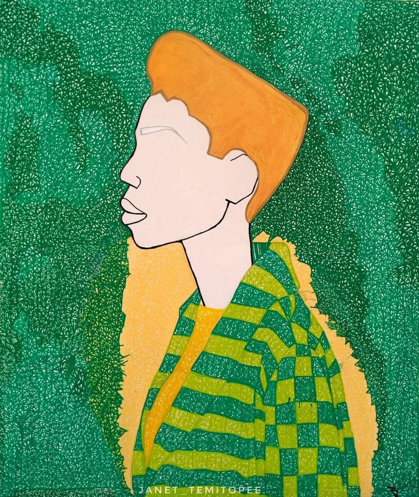 A stylized profile portrait of a figure with orange hair against a textured green background.