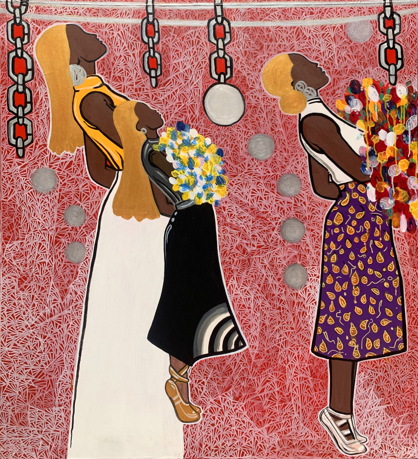 A vibrant graphic illustration of three stylized figures in a fashion setting.