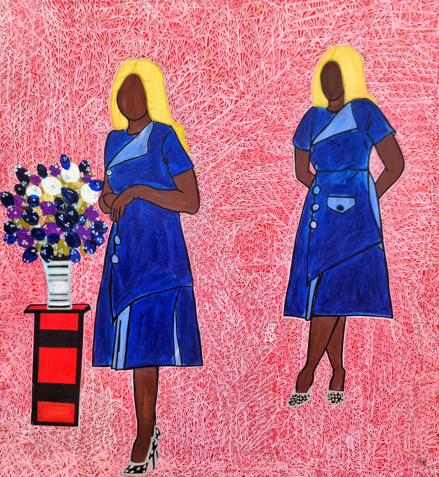 A stylized composition of two figures in blue dresses against a textured red background.
