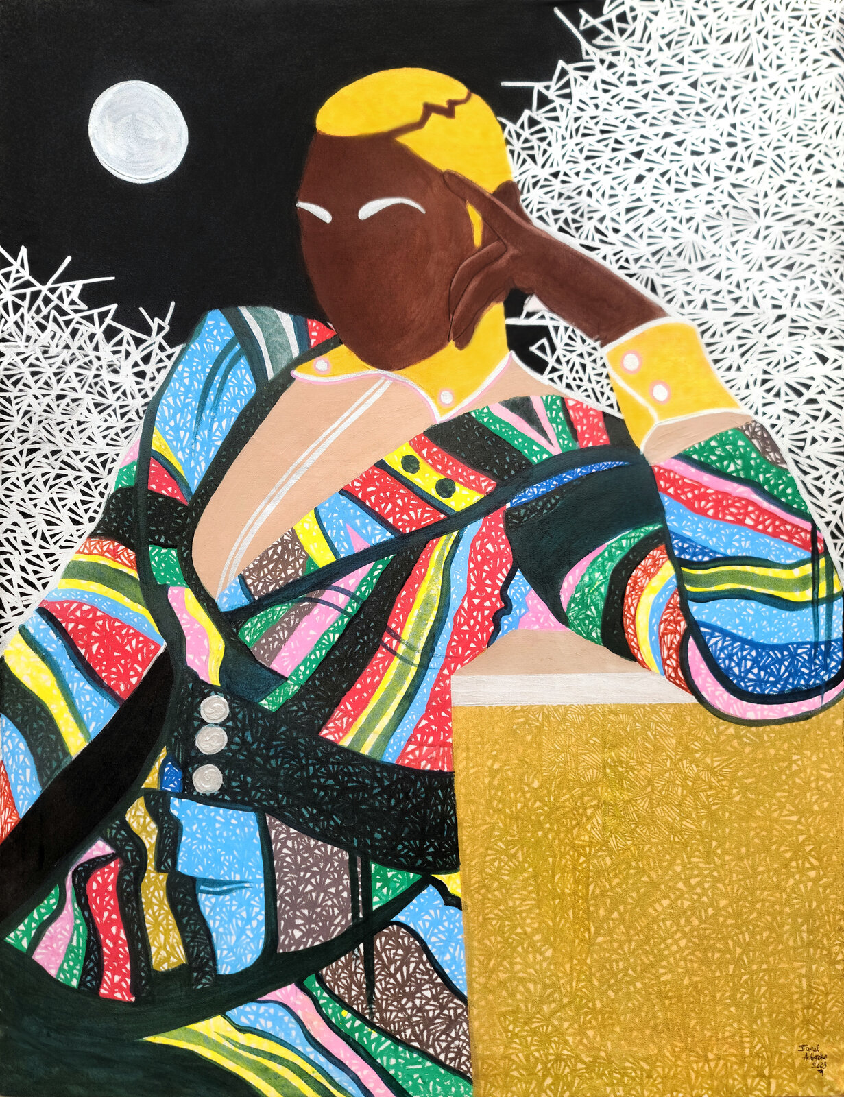 A colorful, stylized portrait of a figure in a vibrant patterned outfit against a starry night sky.