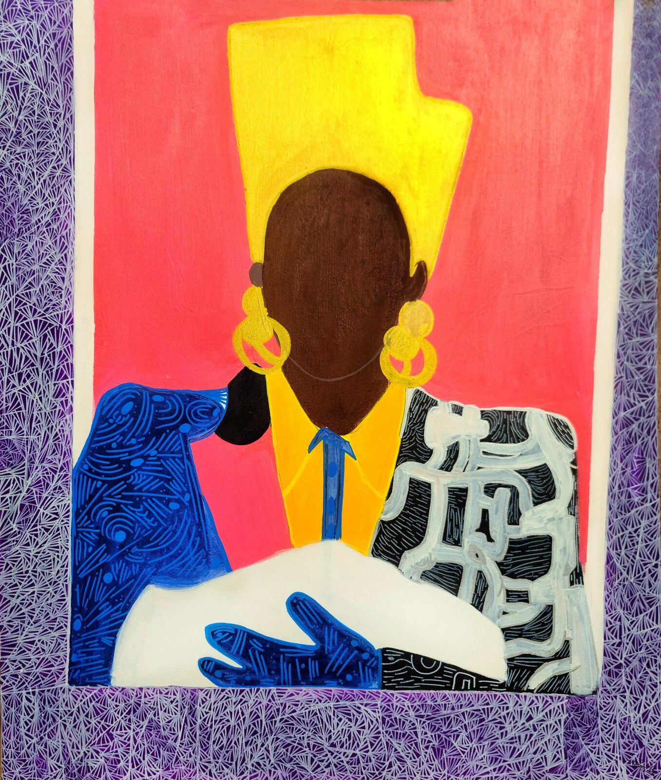 A bold, stylized portrait of a figure in profile against a vibrant red background.