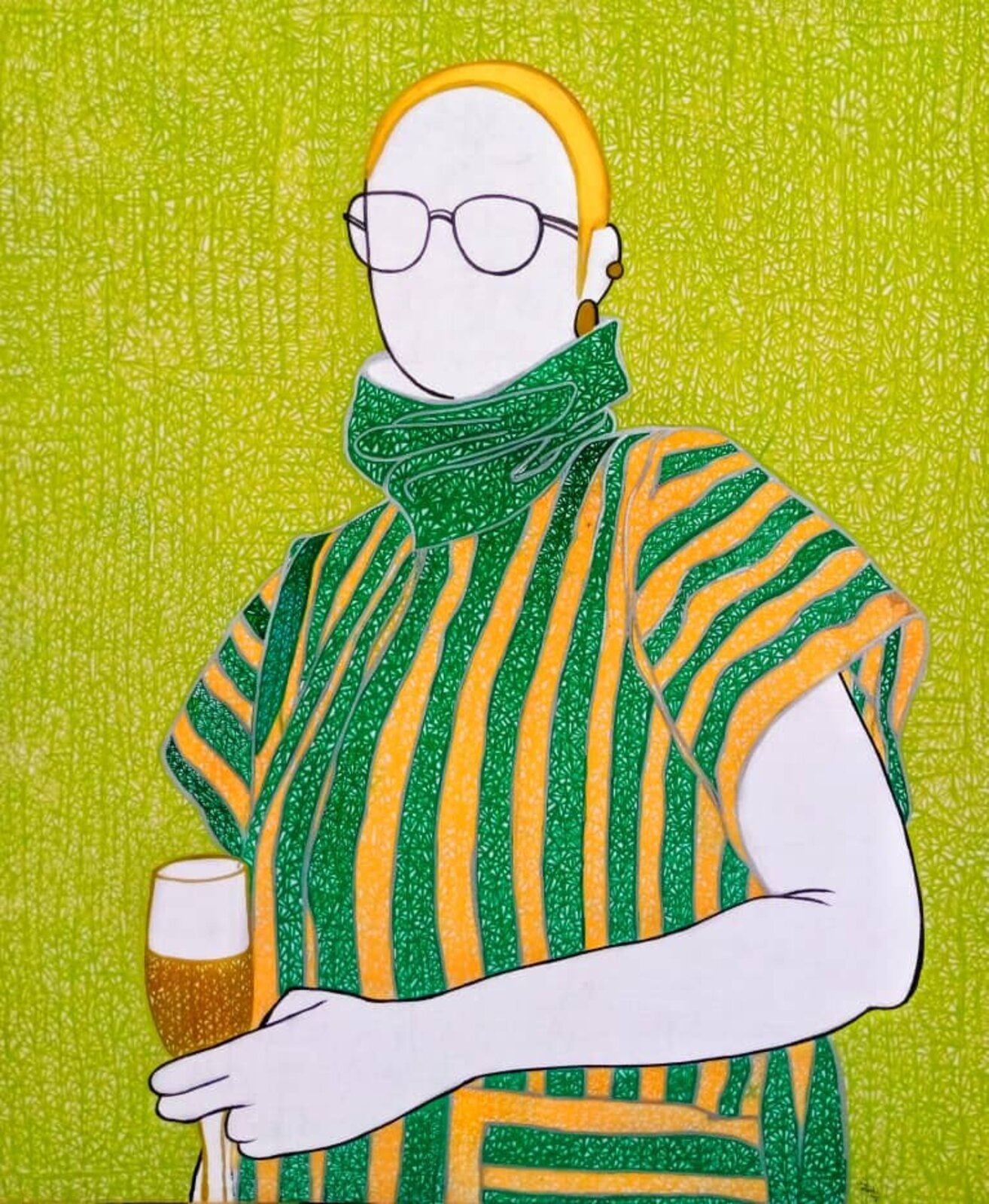 A stylized figure in a striped turtleneck holds a glass against a textured lime-green background.