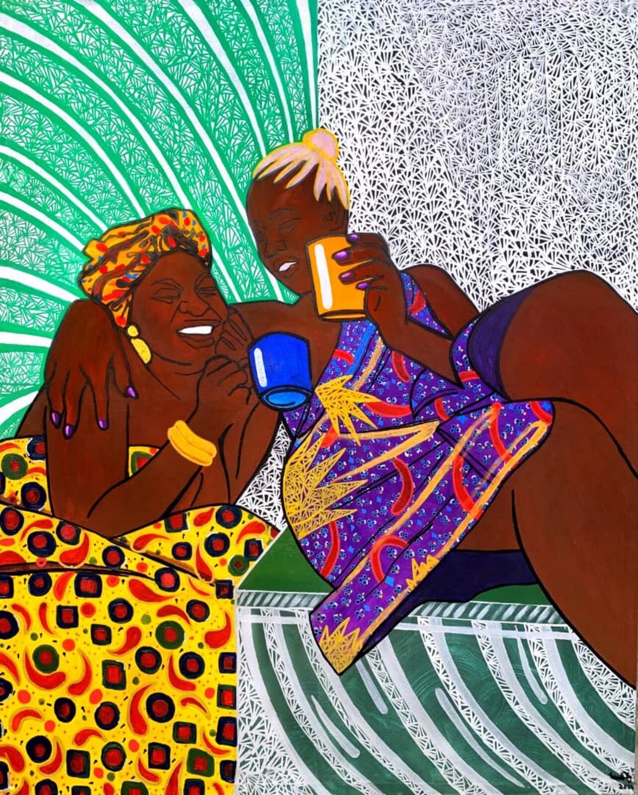 A vibrant, patterned illustration of two figures sharing a joyful moment over drinks.