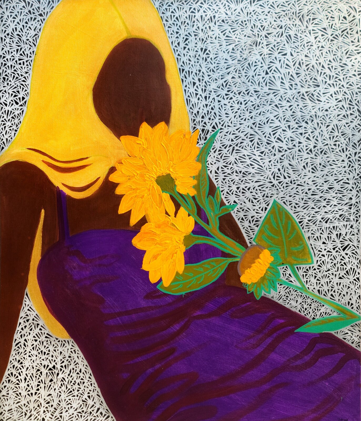 A stylized portrait of a figure in purple holding sunflowers against a geometric background.