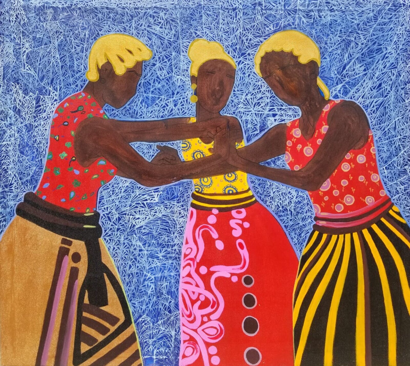 A vibrant painting of three figures in colorful traditional attire dancing together against a textured blue background.