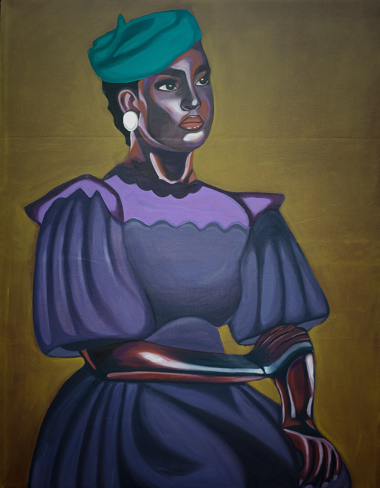 A stylized portrait of a figure in a purple dress and teal beret against a golden background.