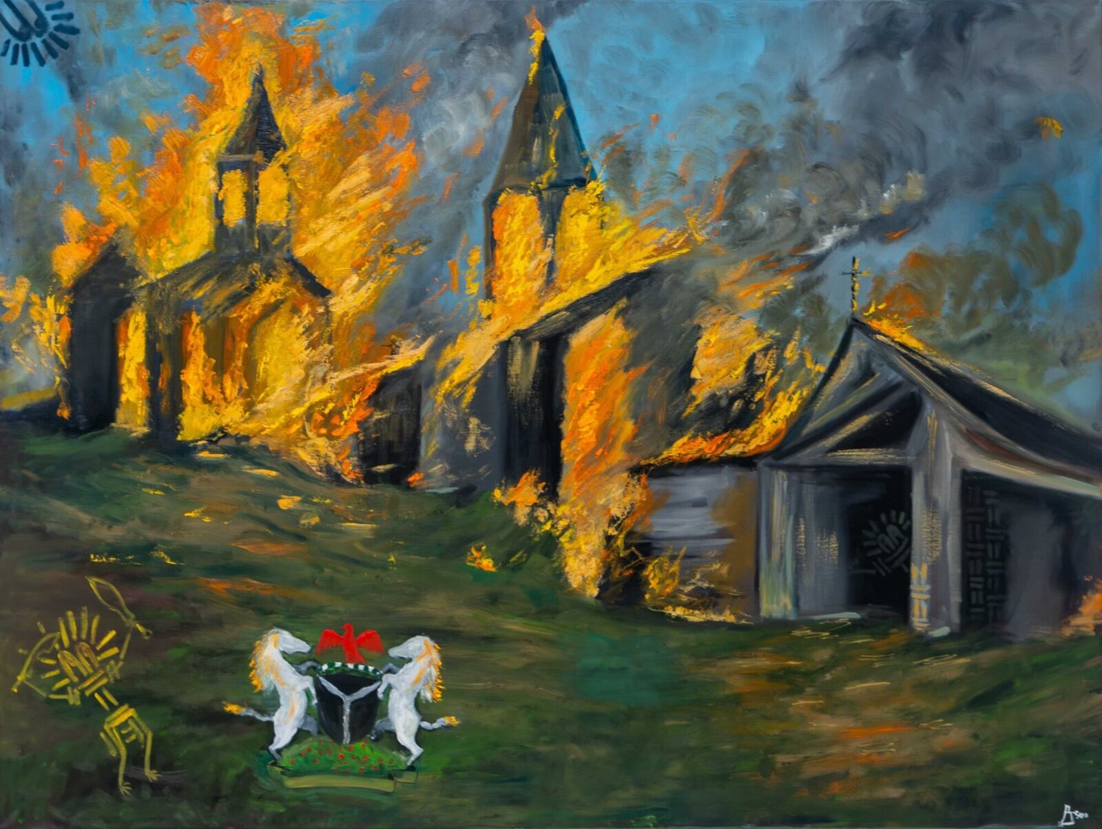 A chaotic oil painting of burning church buildings with a heraldic coat of arms in the foreground.