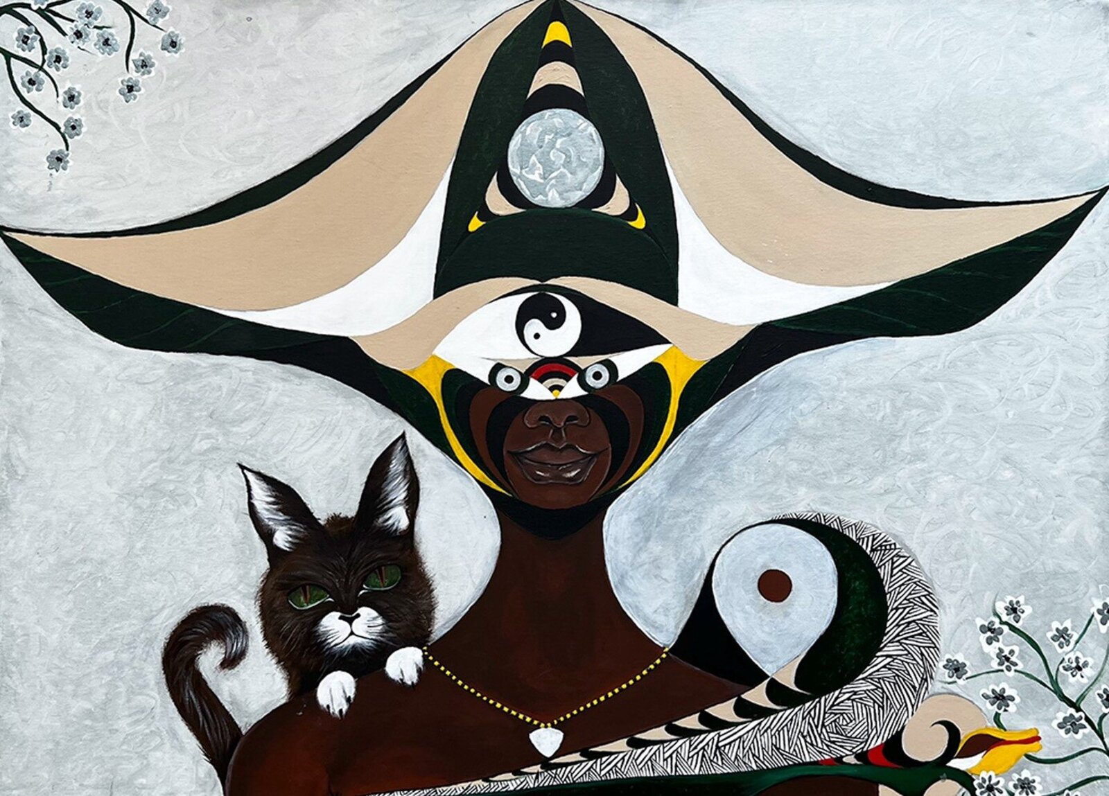 A mystical portrait of a figure with an elaborate headdress and a black cat perched on their shoulder.