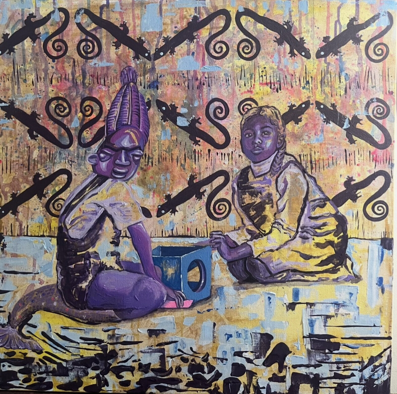 A vibrant, textured painting of two figures interacting with a blue box against a chaotic background of lizards and swirls.