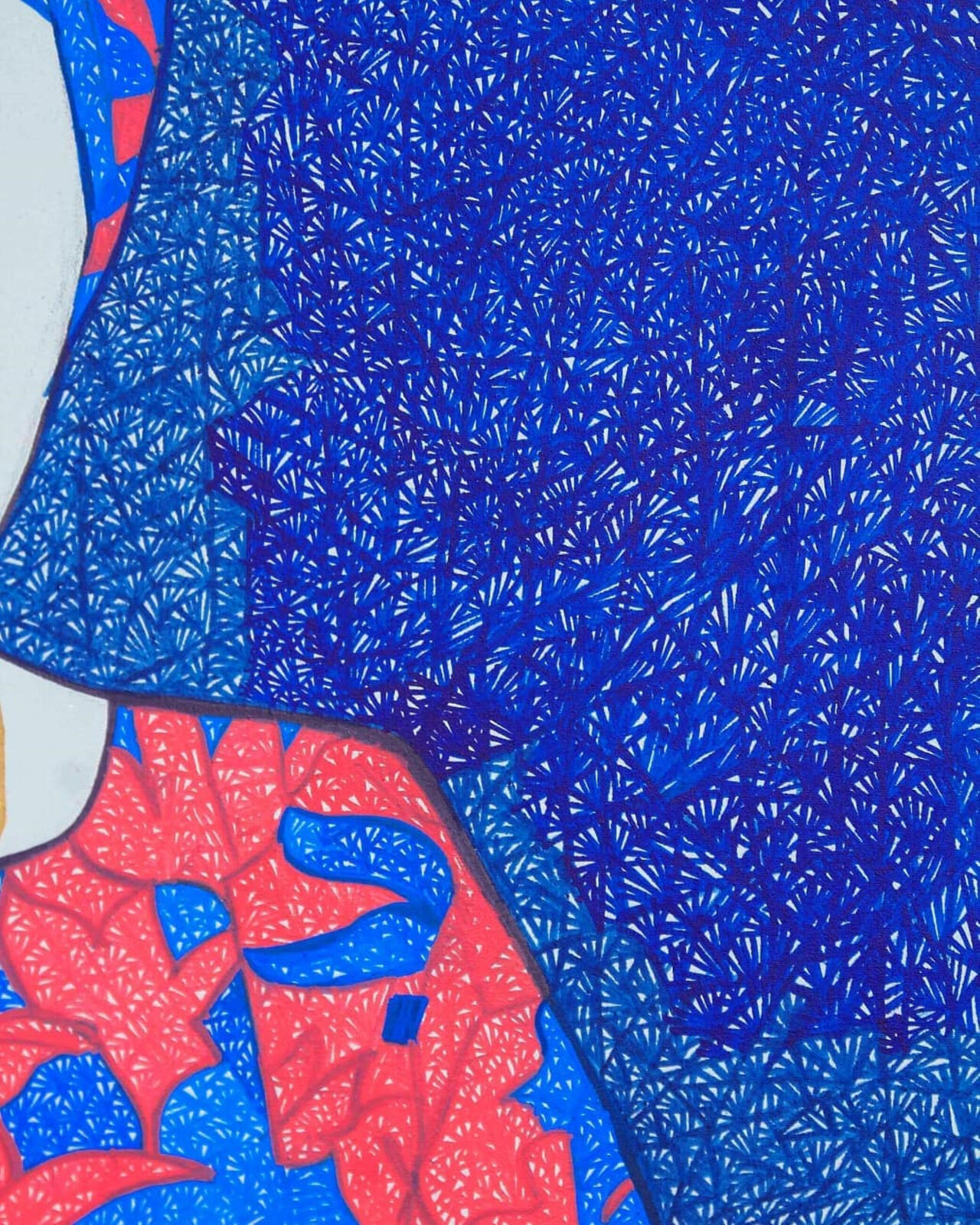 A stylized composition of three figures in a richly colored, textured interior.