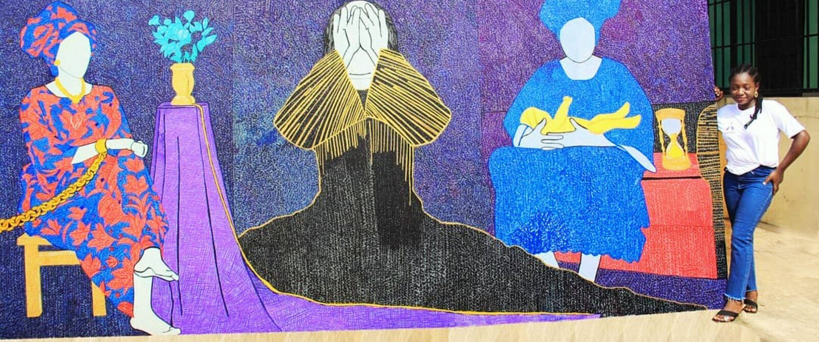 A stylized composition of three figures in a richly colored, textured interior.