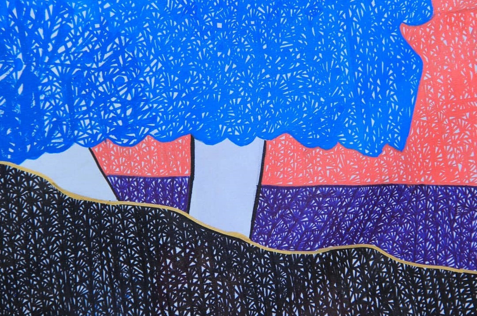 A stylized composition of three figures in a richly colored, textured interior.