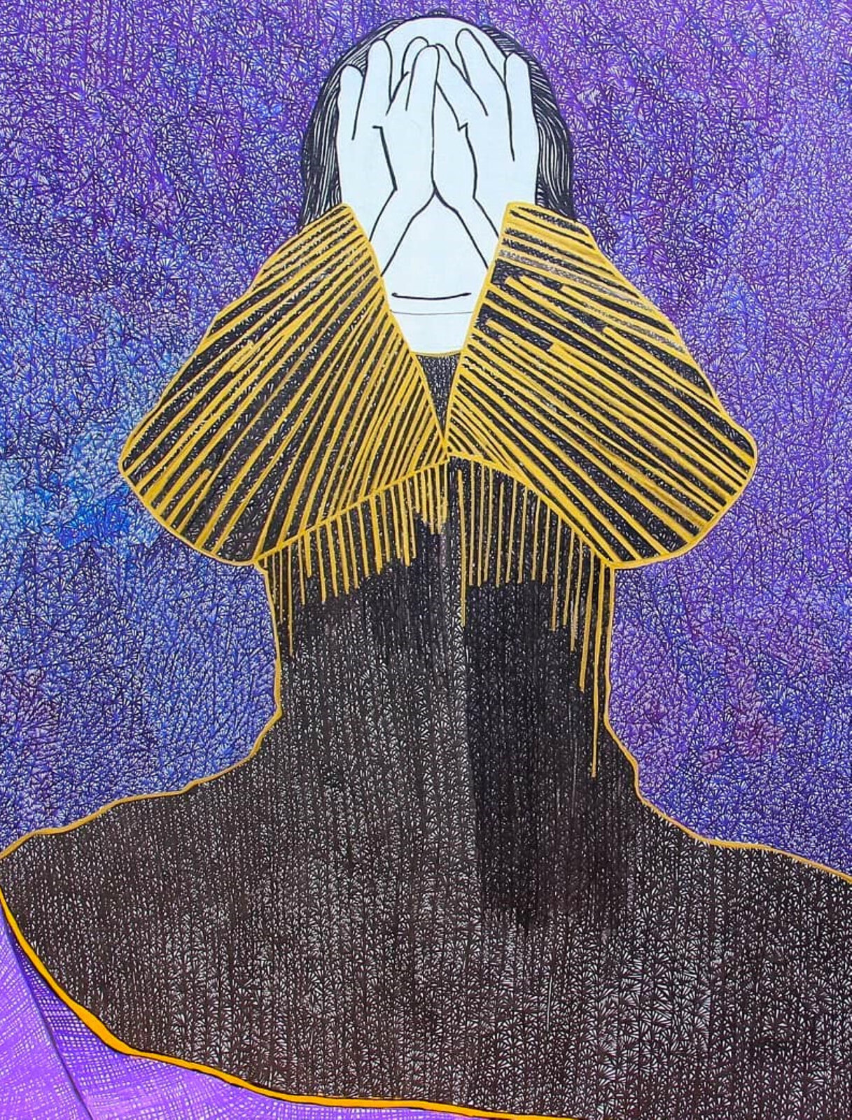 A stylized composition of three figures in a richly colored, textured interior.