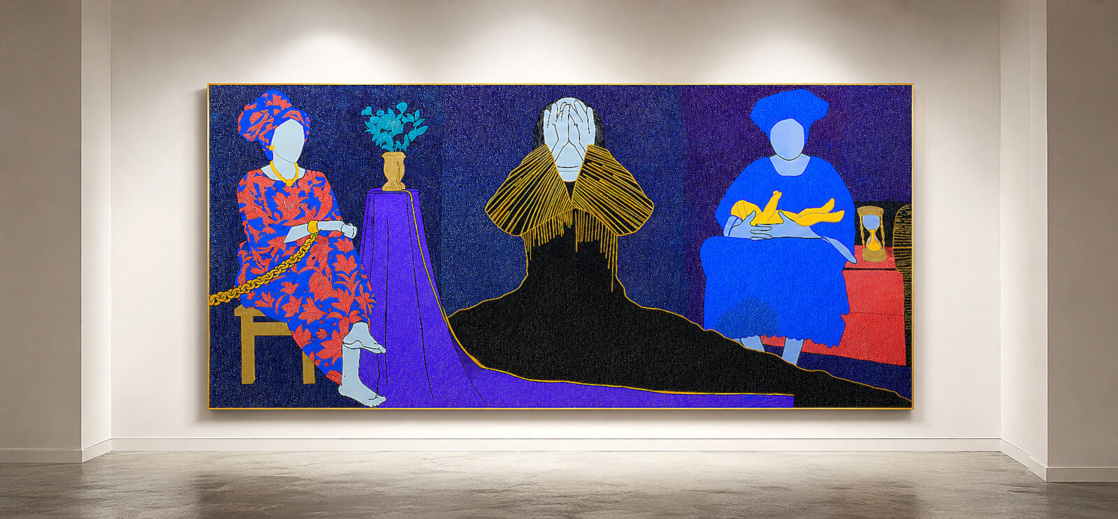 A stylized composition of three figures in a richly colored, textured interior.