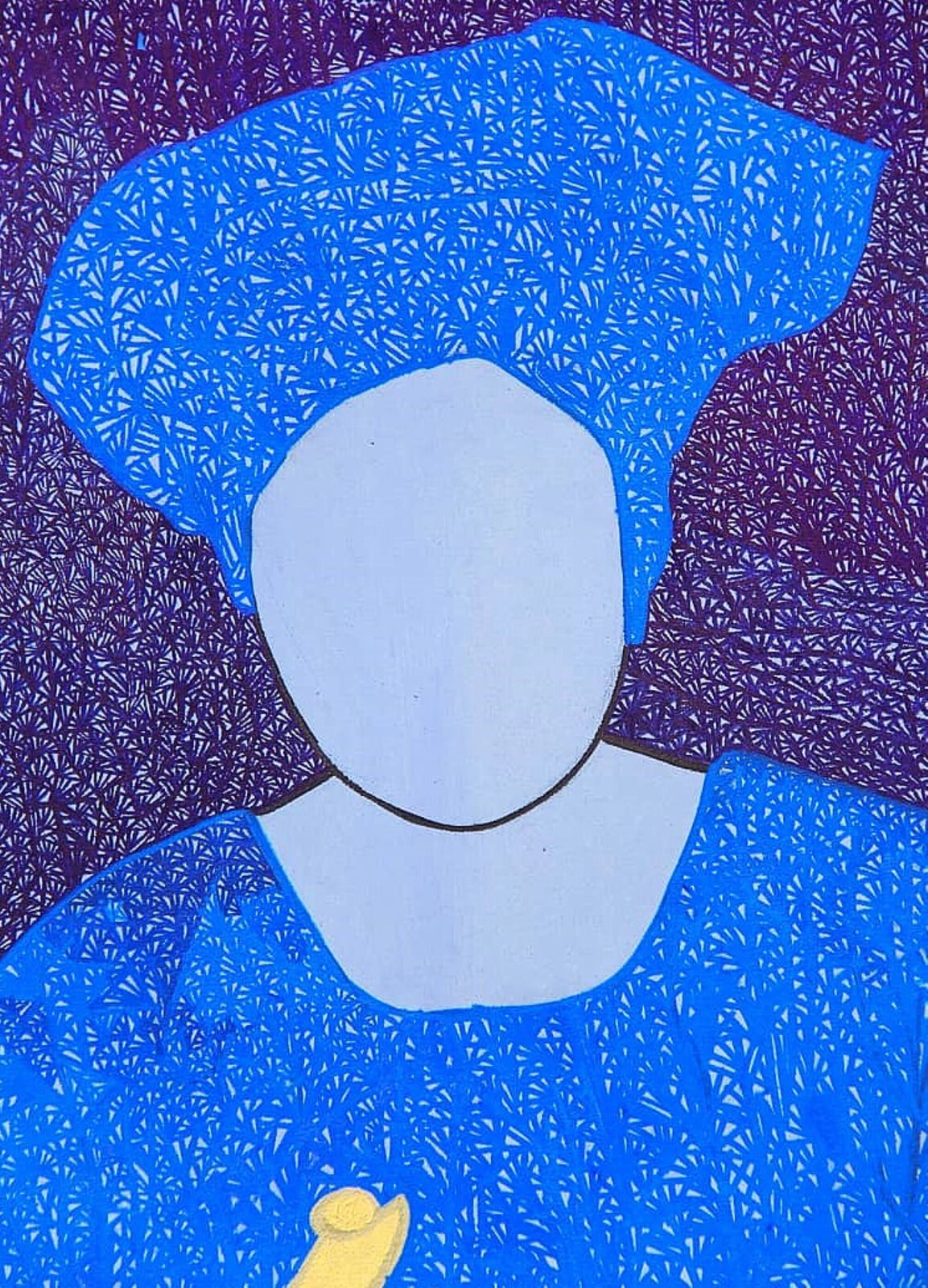 A stylized composition of three figures in a richly colored, textured interior.