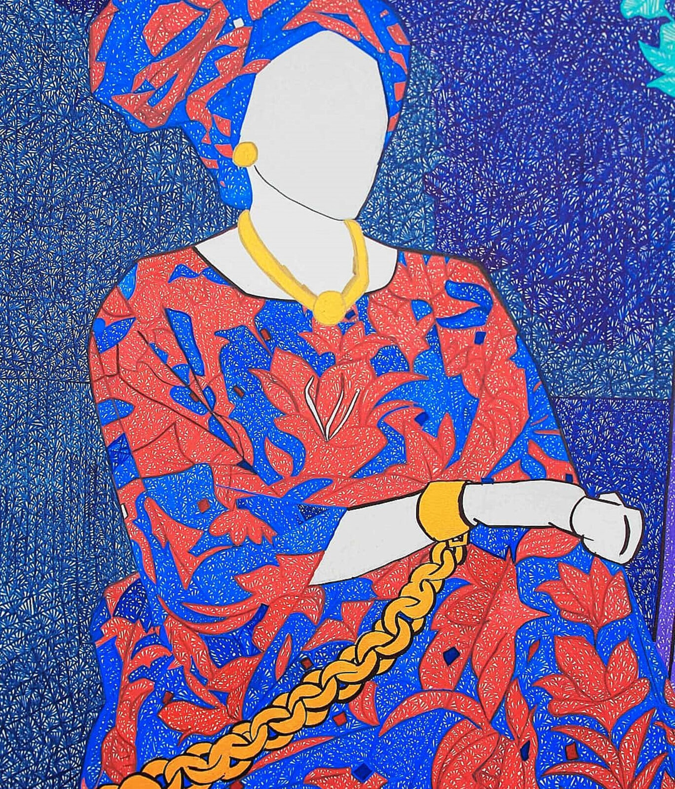 A stylized composition of three figures in a richly colored, textured interior.