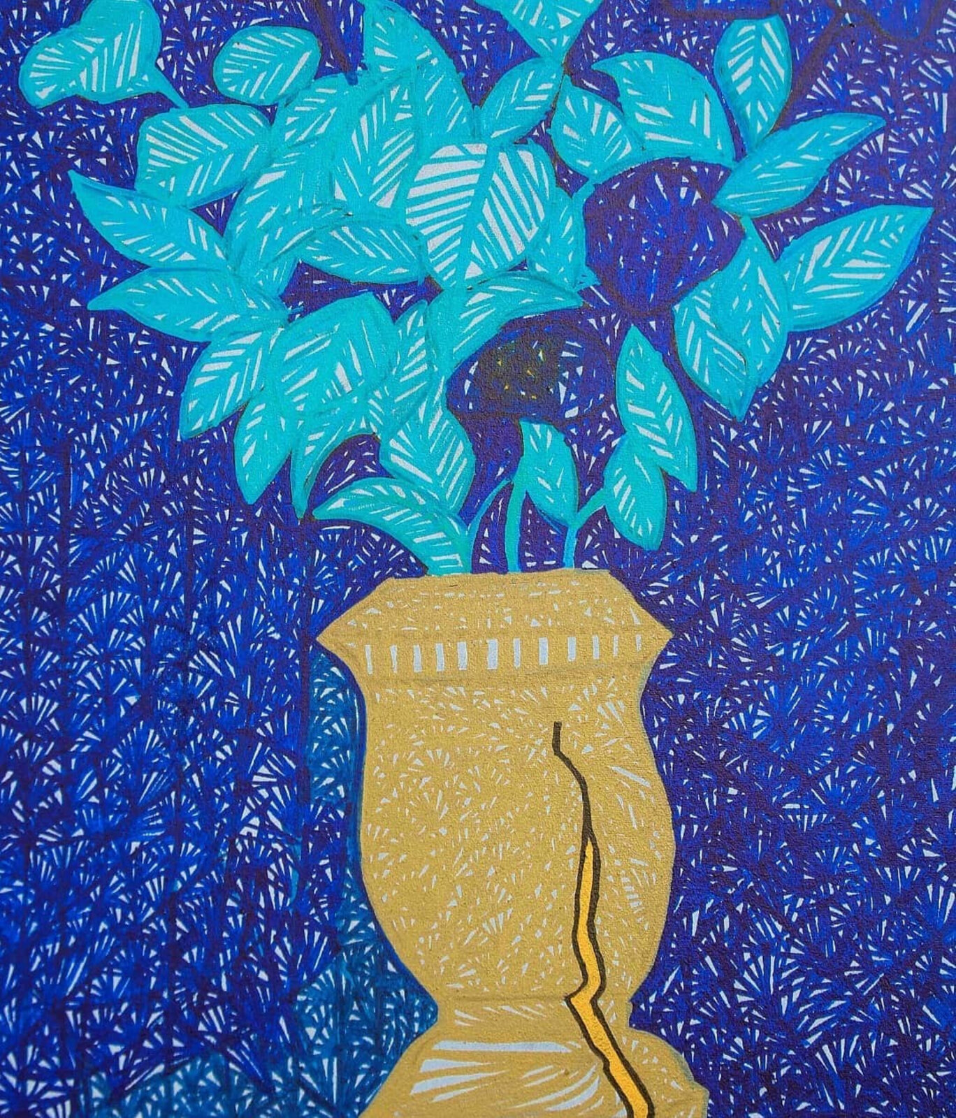 A stylized composition of three figures in a richly colored, textured interior.