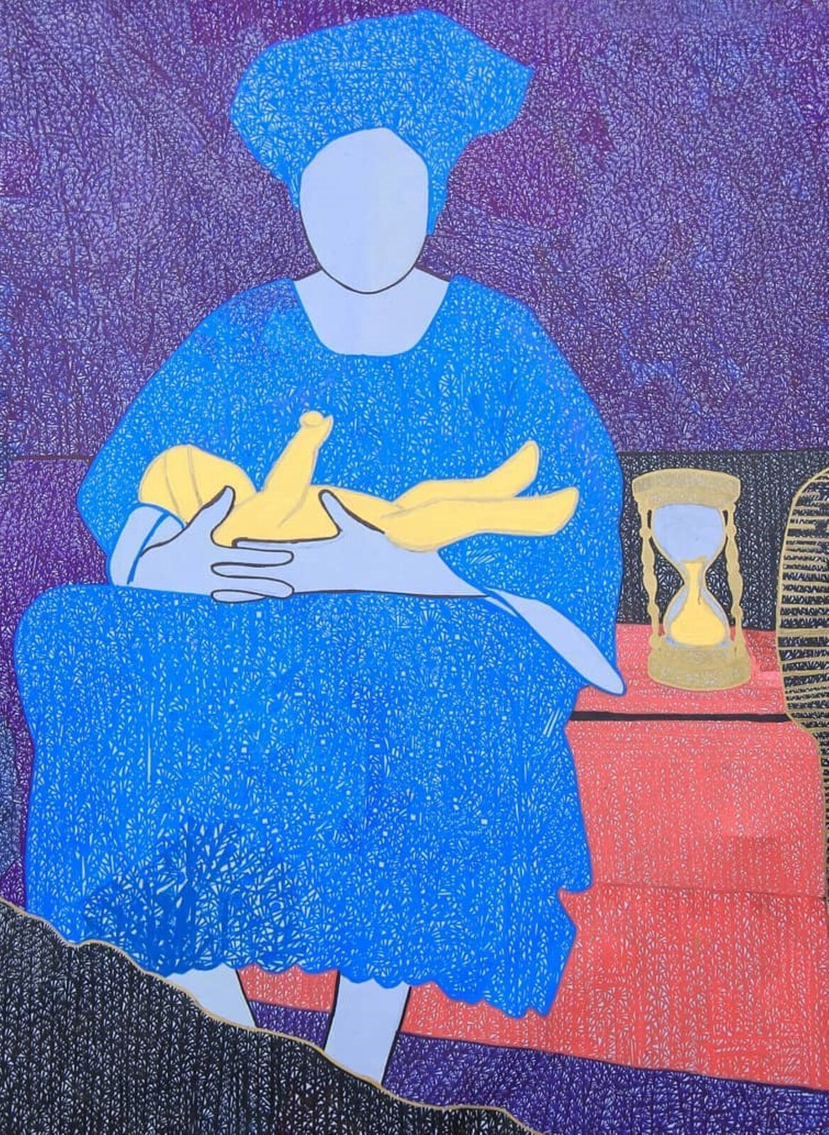 A stylized composition of three figures in a richly colored, textured interior.