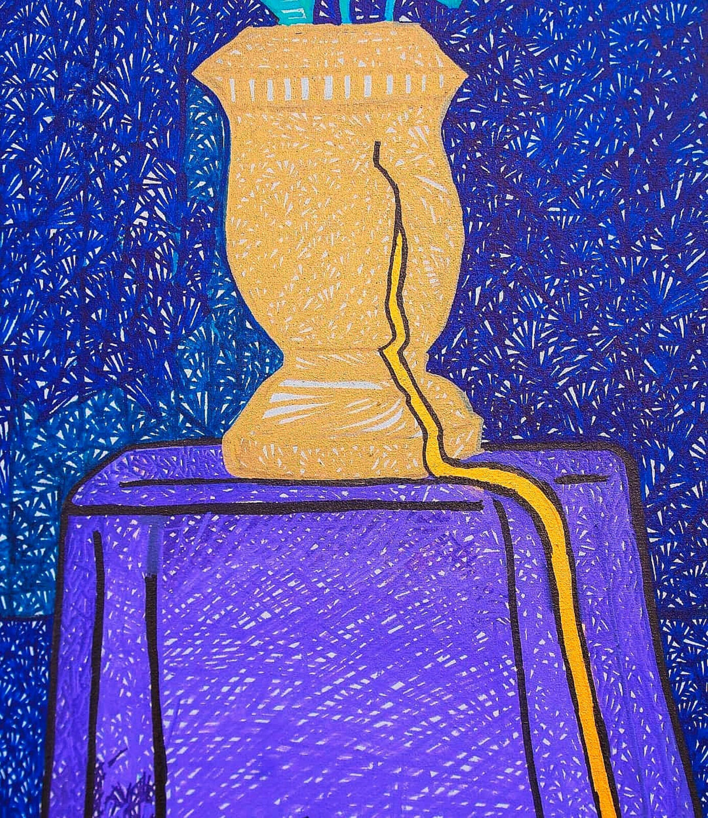 A stylized composition of three figures in a richly colored, textured interior.