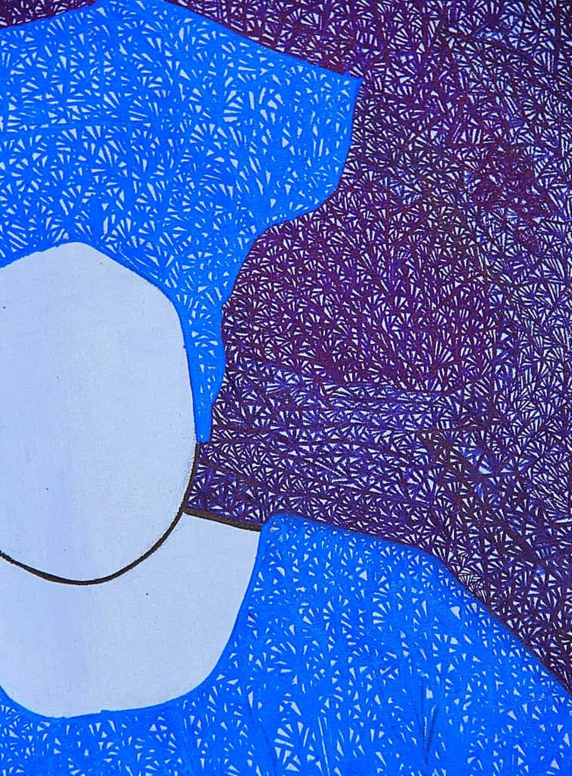 A stylized composition of three figures in a richly colored, textured interior.