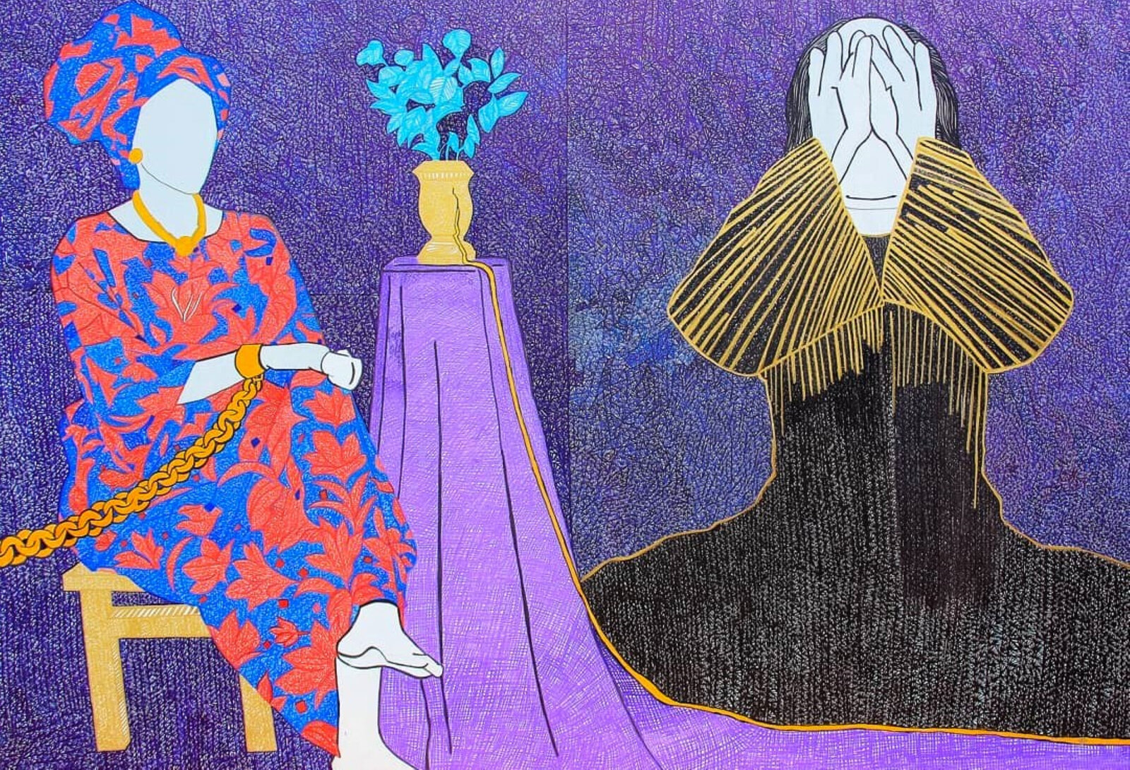A stylized composition of three figures in a richly colored, textured interior.
