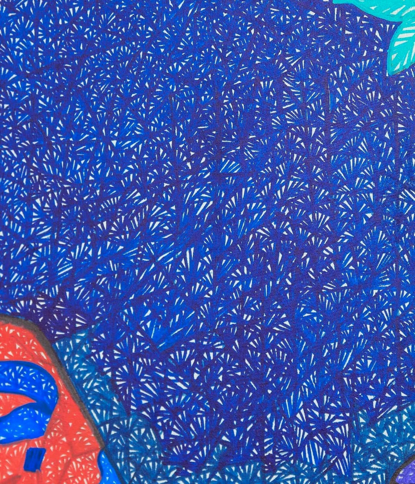 A stylized composition of three figures in a richly colored, textured interior.