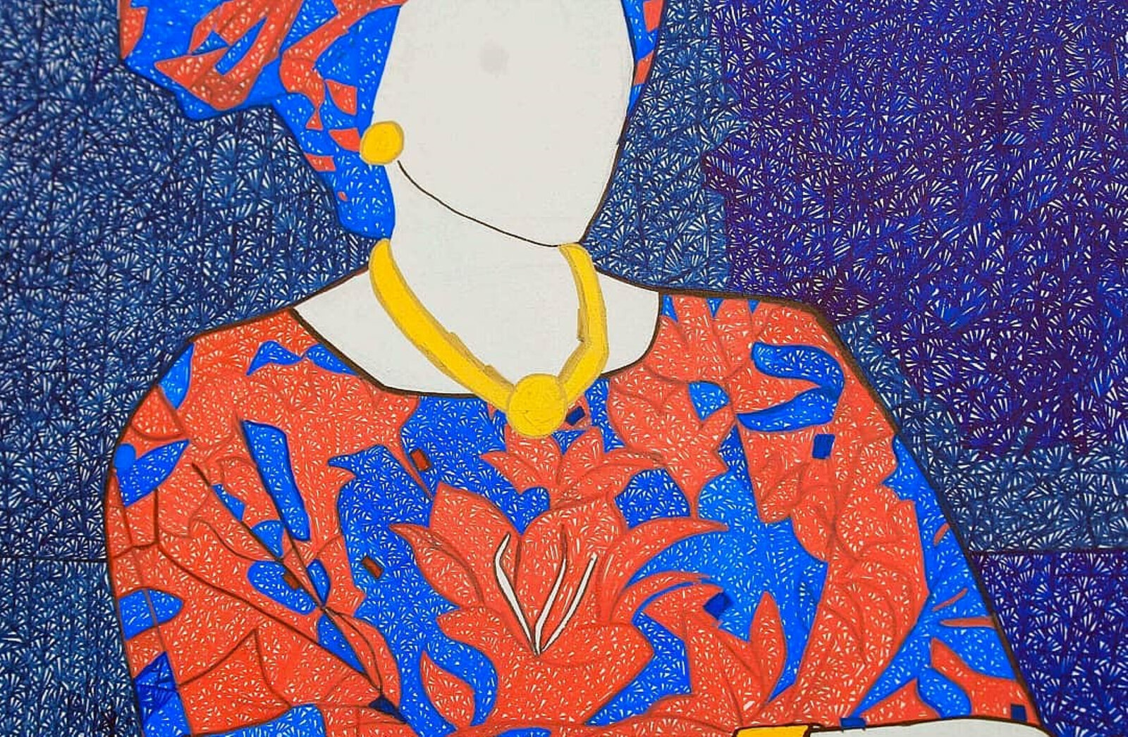 A stylized composition of three figures in a richly colored, textured interior.