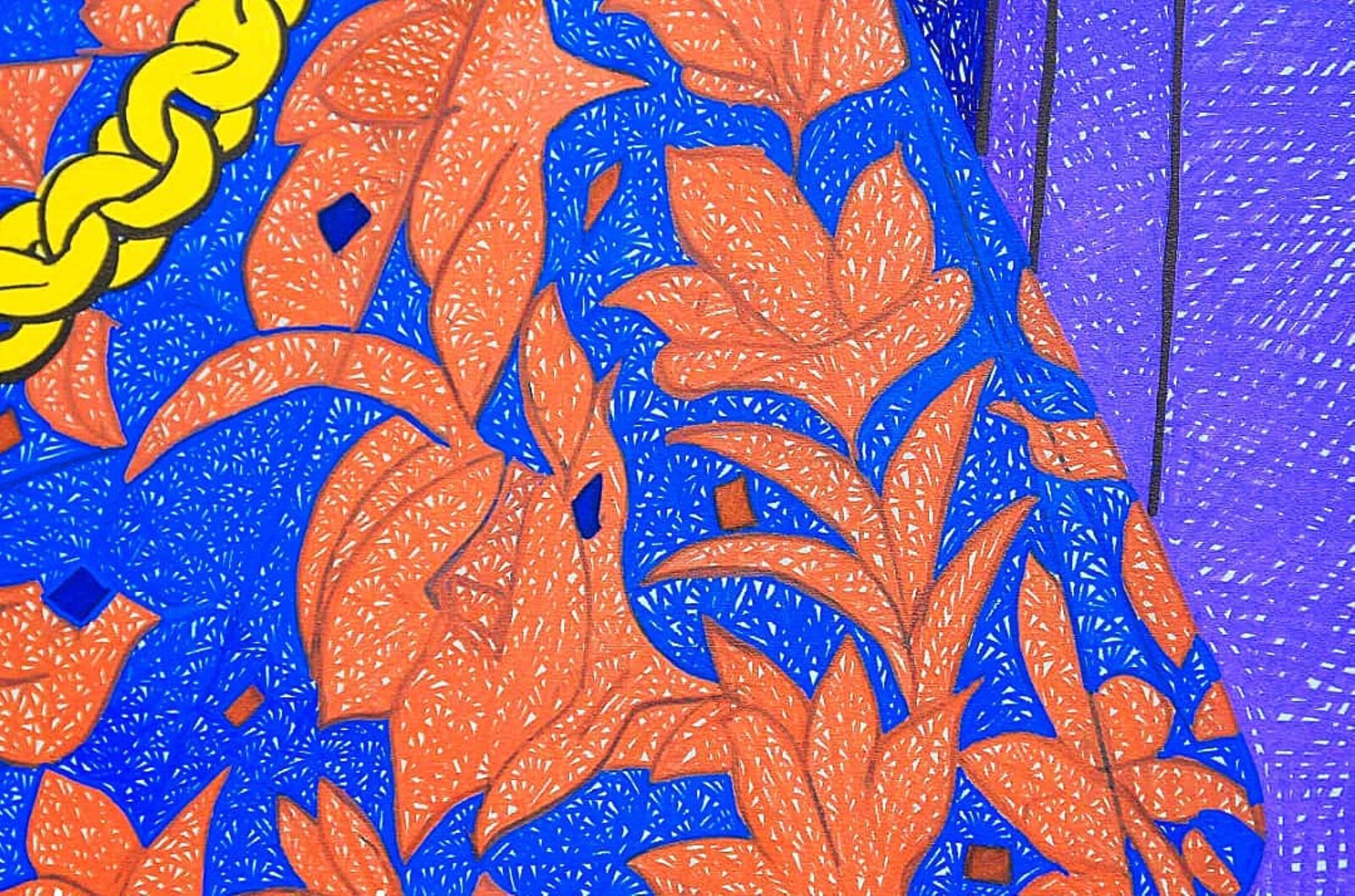 A stylized composition of three figures in a richly colored, textured interior.