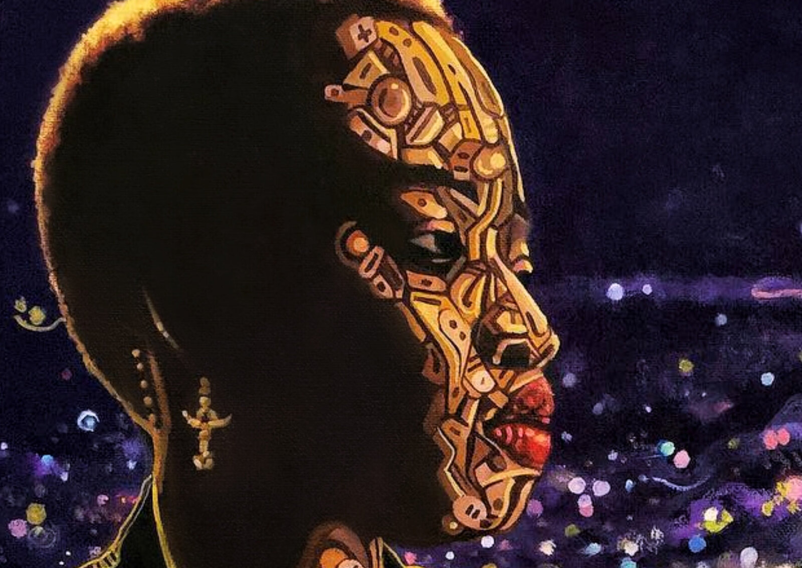 A portrait of a figure with ornate golden patterns against a vibrant, starry background featuring two champagne flutes.