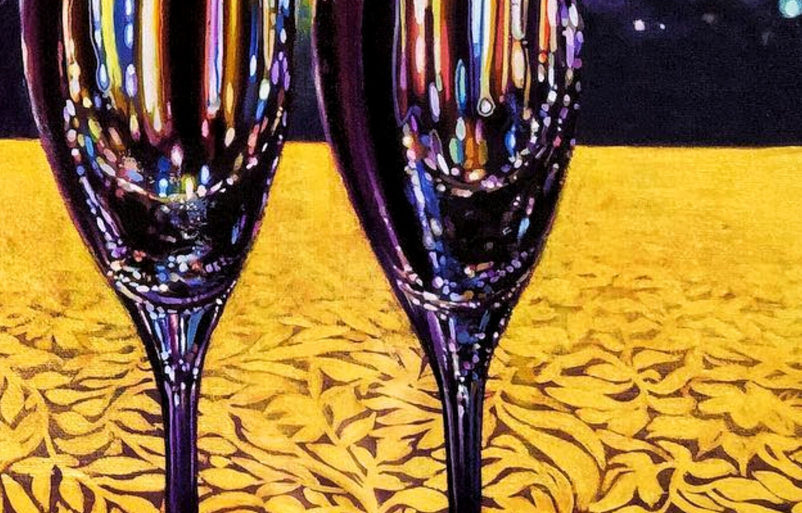 A portrait of a figure with ornate golden patterns against a vibrant, starry background featuring two champagne flutes.