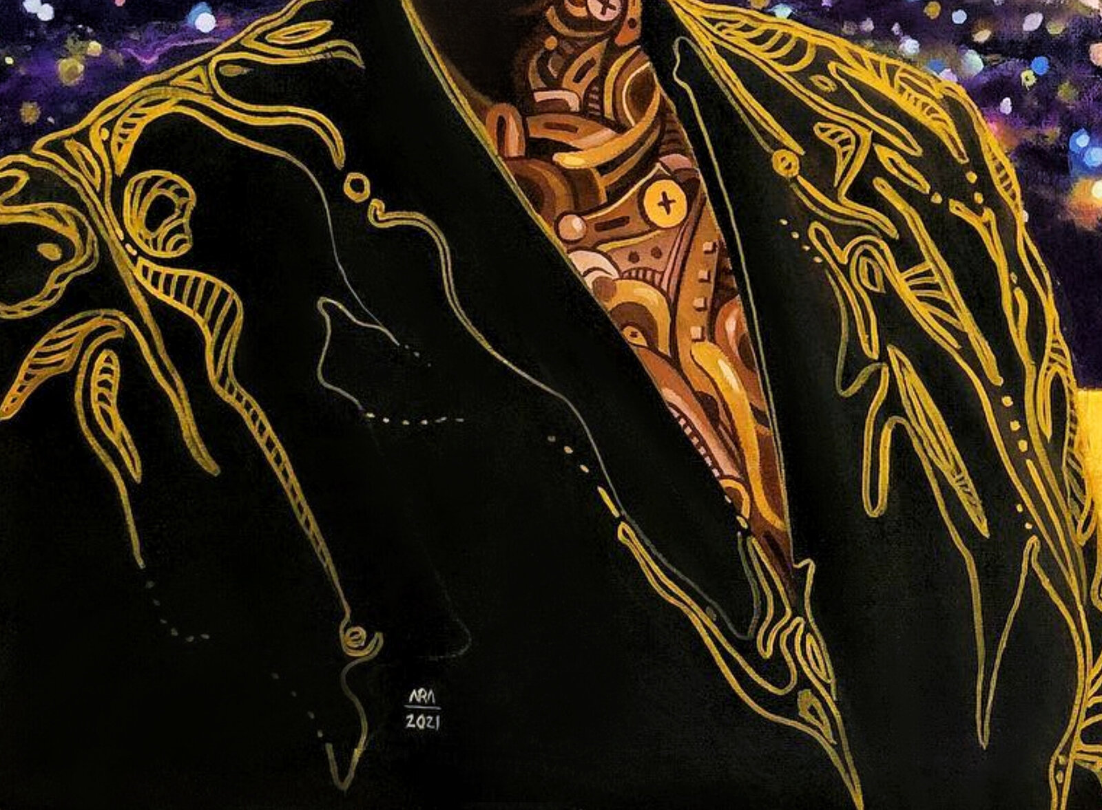 A portrait of a figure with ornate golden patterns against a vibrant, starry background featuring two champagne flutes.