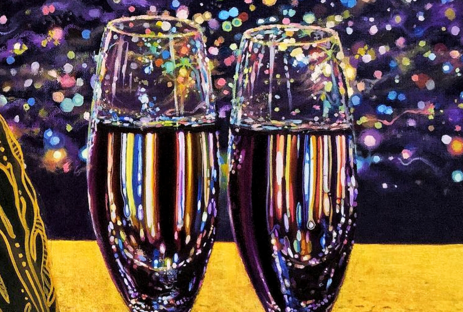 A portrait of a figure with ornate golden patterns against a vibrant, starry background featuring two champagne flutes.