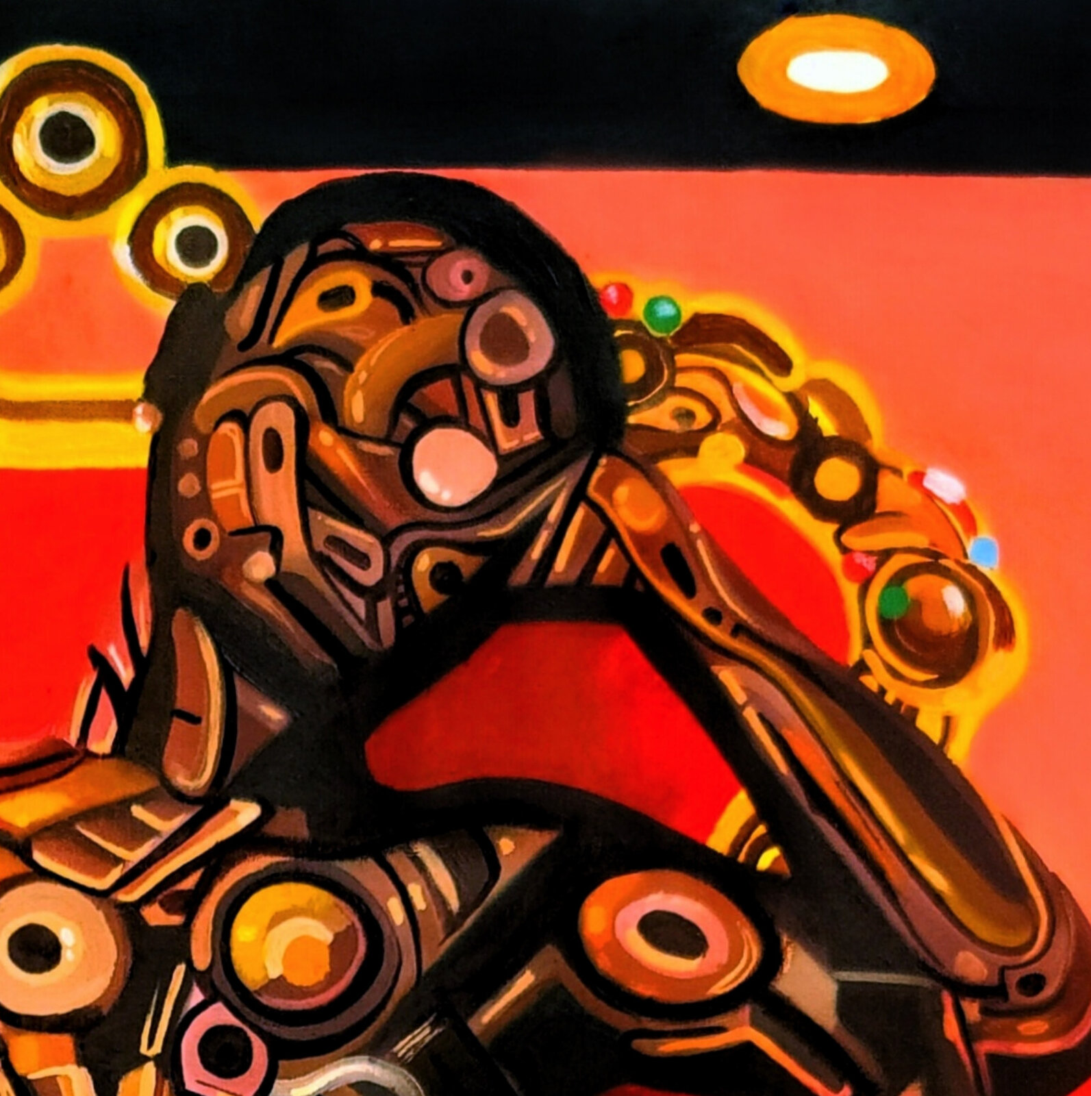 A surreal painting of a figure in blue fabric seated on an ornate, mechanical throne.