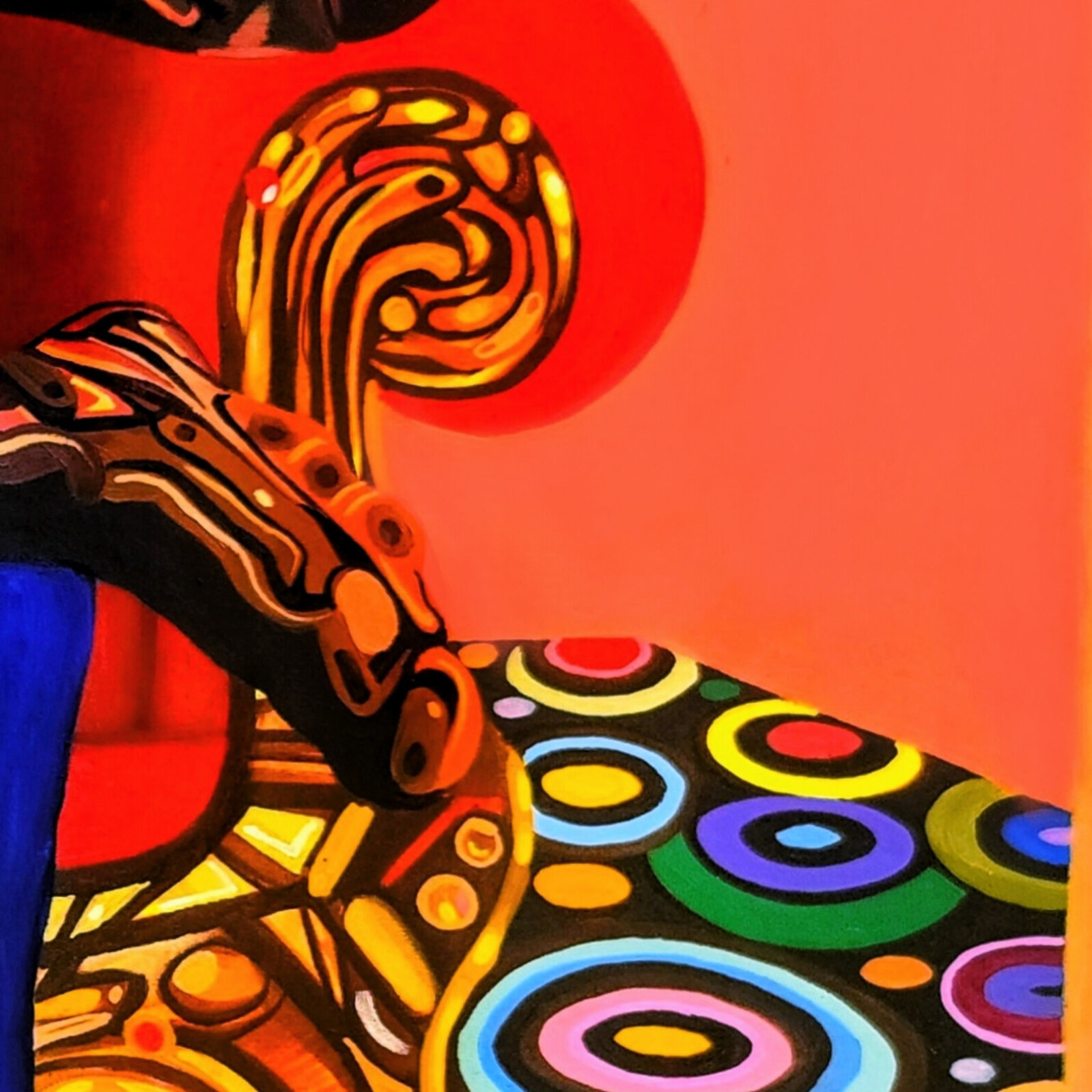 A surreal painting of a figure in blue fabric seated on an ornate, mechanical throne.