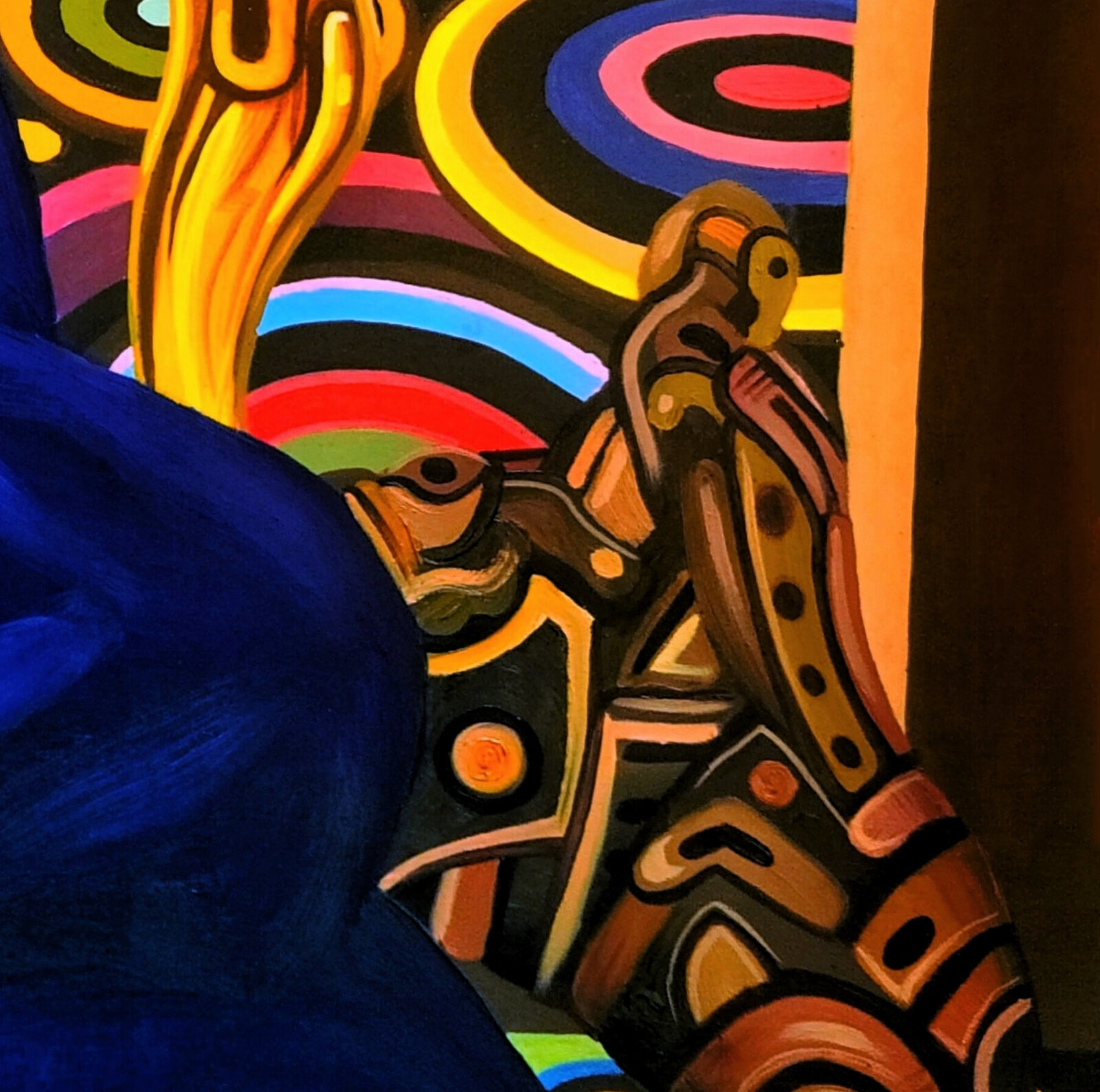 A surreal painting of a figure in blue fabric seated on an ornate, mechanical throne.
