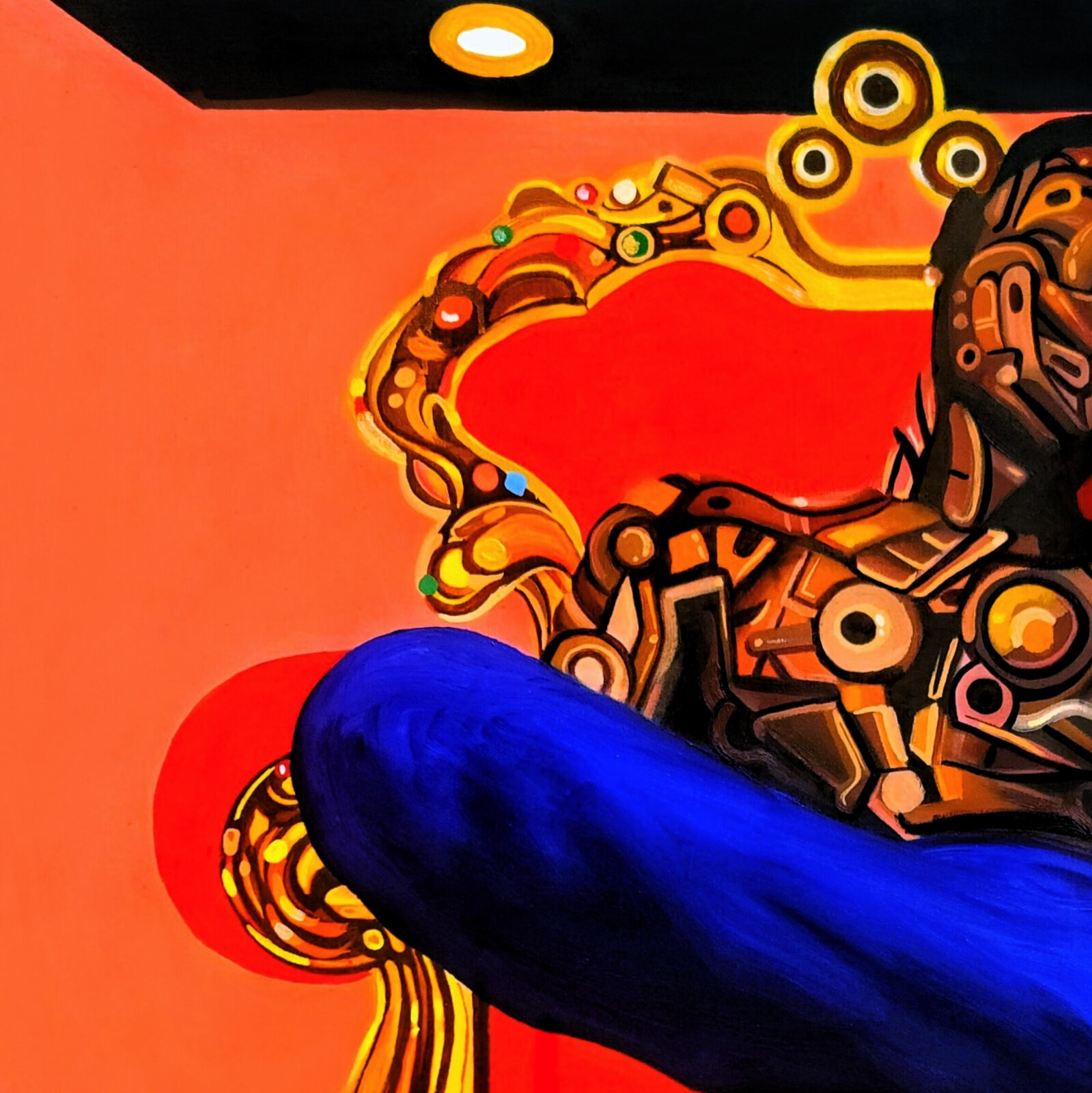 A surreal painting of a figure in blue fabric seated on an ornate, mechanical throne.